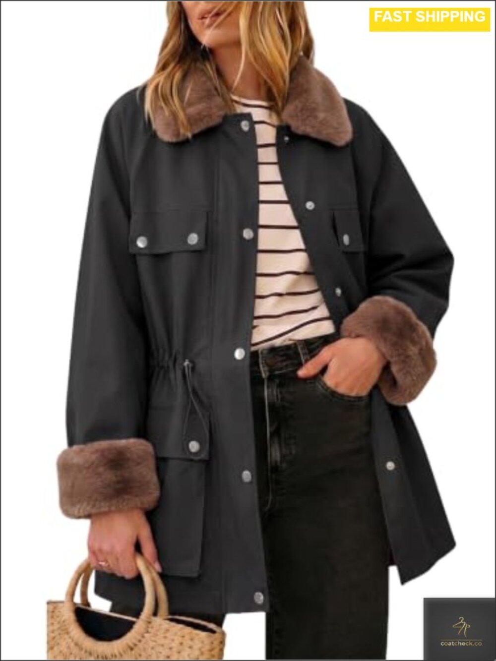 EXLURA Women's Faux Fur Collar Trench Coat Winter Jacket
